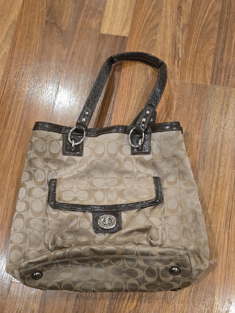 COACH Signature C Dark Brown Turnlock Tote Bag FIXER UPPER / REPAIR PROJECT